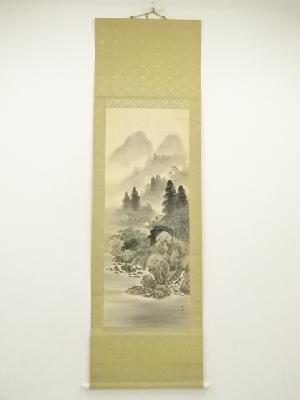 契鳳筆　春　淡色山水　肉筆絹本掛軸